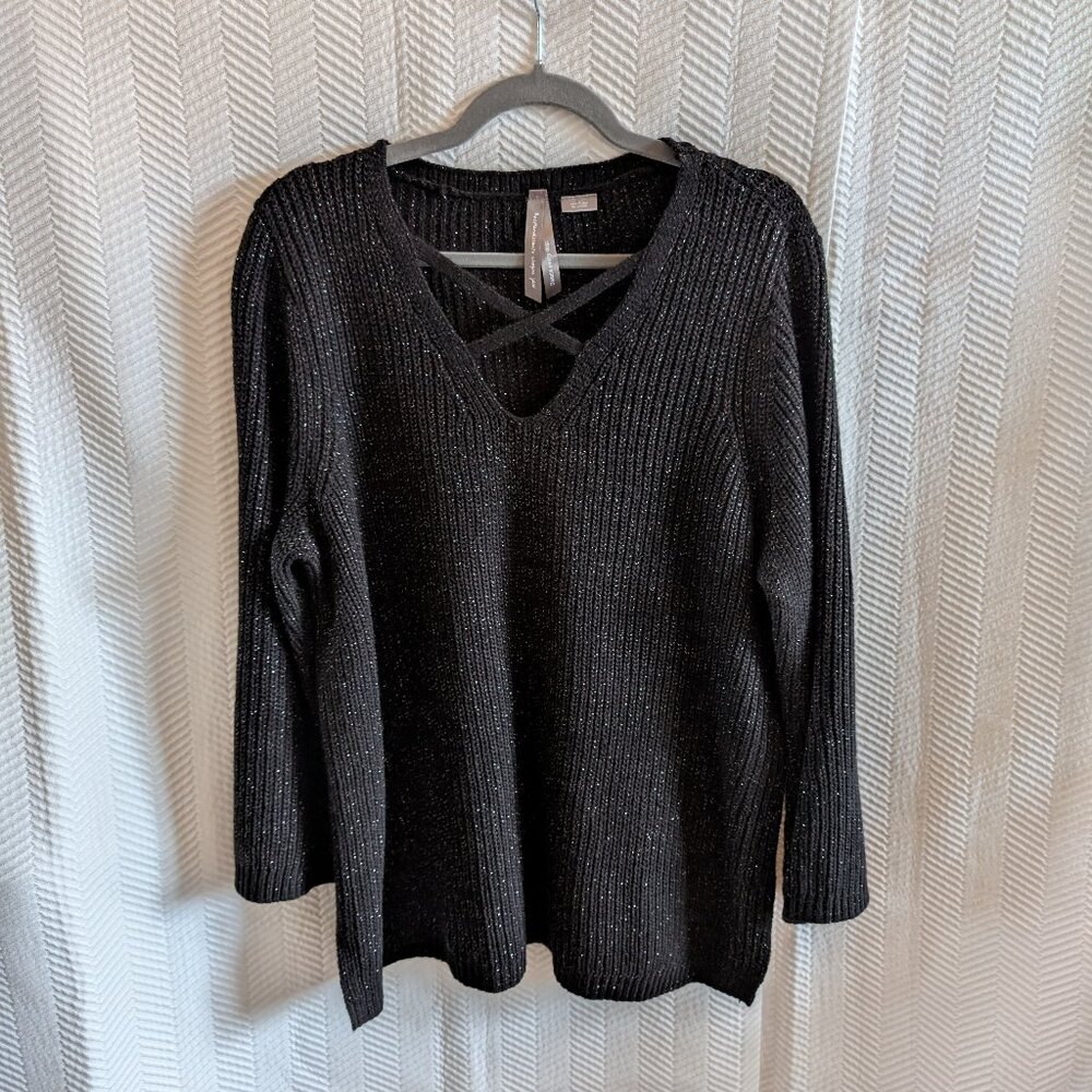 Penningtons Black Sweater Metallic Silver Sparkly Caged Neckline Size X 14 to 16